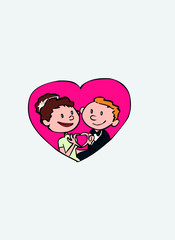 Just married inside heart, making the gesture of heart turn.