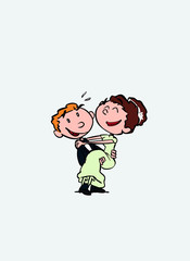 Couple of newlyweds, happy. The groom holds the bride in his arms. Vector isolated characters.