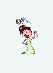 Bride throws the bridal bouquet behind her. Vector isolated character.