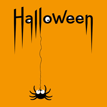 Happy Halloween card. Lettering of Happy Halloween with scary eyeballs and spider. Vector Illustration