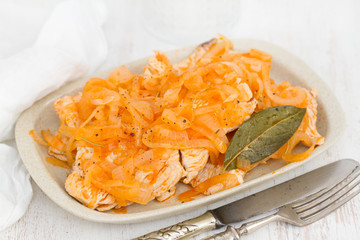 turkey with onion on dish on wooden background