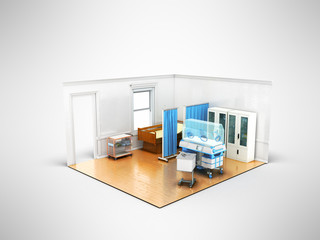 Isometric medical room incubator for children 3d render on gray background