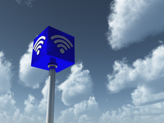 wifi symbol on cube undercloudy sky - 3d rendering