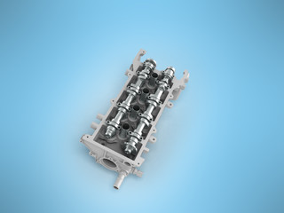 The head of the block of cylinders is disassembled perspective 3d render on a blue background