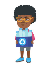 African boy holding recycling bin full of plastic bottles. Boy carrying recycling bin with plastic bottles. Plastic recycling concept. Vector sketch cartoon illustration isolated on white background