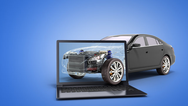 car diagnostic concept black car studio view 3d render image on blue