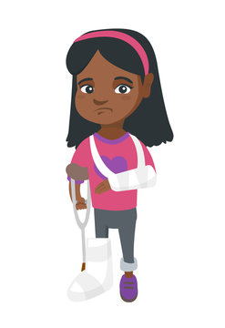 African-american sad injured girl with broken arm and leg in gypsum. Full length of upset injured little girl standing on crutches. Vector sketch cartoon illustration isolated on white background.