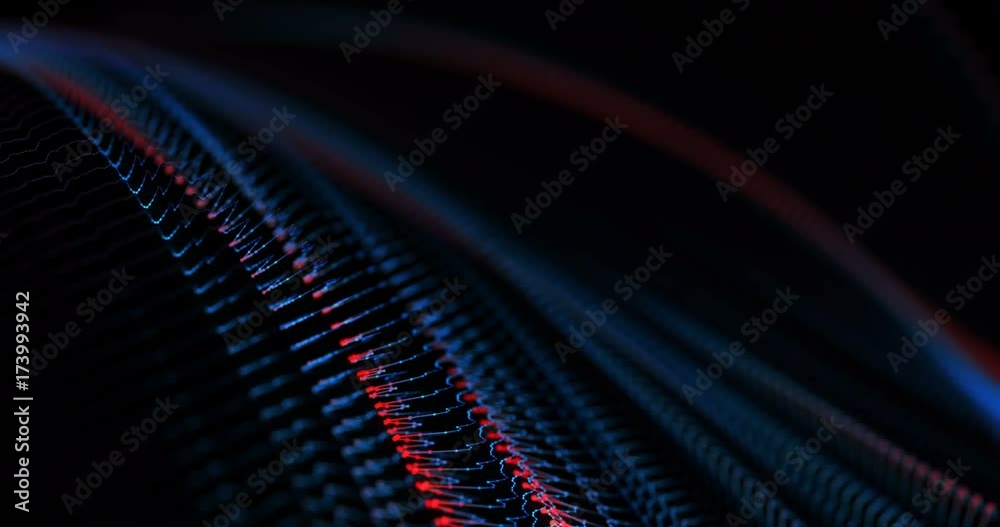 Poster 4k animated background loop with audio elements. 3d abstract digital wave of glowing particles and w