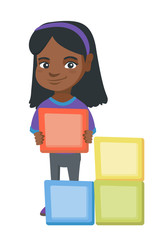 Little african-american girl playing with clourful cubes and having fun. Smiling girl playing with toy building cubes. Vector sketch cartoon illustration isolated on white background.