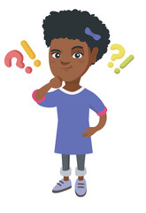African girl standing under question marks and exclamation points. Pensive girl thinking with question and exclamation marks overhead. Vector sketch cartoon illustration isolated on white background.