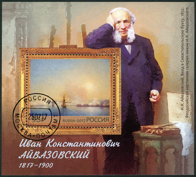 RUSSIA - CIRCA 2017: A stamp printed in Russia dedicated the 200th anniversary birth of Ivan Konstantinovich Aivazovsky (1817-1900), painter