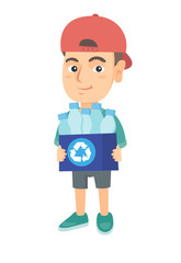 Caucasian boy holding recycling bin full of plastic bottles. Boy carrying recycling bin with plastic bottles. Plastic recycling concept. Vector sketch cartoon illustration isolated on white background