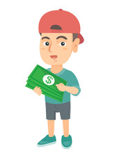 Caucasian boy in a cap holding money in hands. Full length of smiling little boy with dollar money banknotes. Vector sketch cartoon illustration isolated on white background.