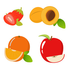 A set of fruit and berries in flat style a vector.
Strawberry, apricot, red apple, orange. Natural organic food