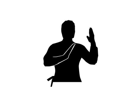karate player raises his hands silhouette, karate player silhouette, illustration design, isolated on white background. 