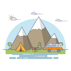 Camp in mountains at water. Summer landscape nature and tree. The tourist van and tent and the made fire with a kettle. Country camping in forest. Element for design of a card  a banner the website.