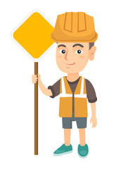Little caucasian builder boy holding road sign. Smiling boy in a builder reflective vest and hard hat standing near road sign. Vector sketch cartoon illustration isolated on white background.
