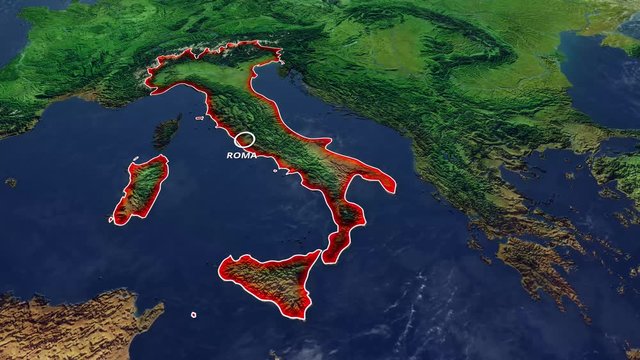 Cartina Italia, cartina fisica del Mediterraneo, cartina con rilievi e montagne dell’Europa mediterranea con lo stato italiano in evidenza. Roma capitale