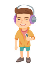 Caucasian boy enjoying music in headphones. Little boy in earphones listening to music with a music player. Vector sketch cartoon illustration isolated on white background.