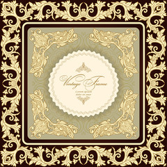 Vintage  luxury greeting card. Vector ornate gold border. Template for design.
