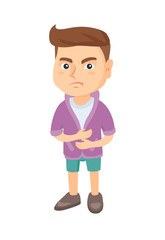 Caucasian sad boy having stomach ache. Little boy touching his belly and suffering from stomach ache. Boy having problems with stomach. Vector sketch cartoon illustration isolated on white background.