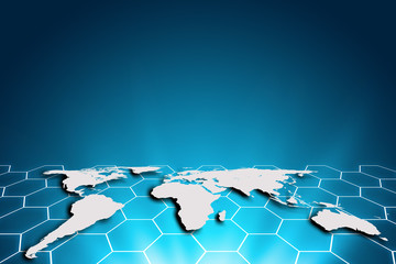 World map on a technology hexagon background, glowing hexagon lines connected, global network and...