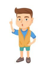 Happy little caucasian boy with open mouth pointing finger up. Surprised boy with open mouth came up with a creative idea. Vector sketch cartoon illustration isolated on white background.