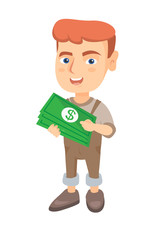 Caucasian boy holding money in hands. Full length of smiling little boy with dollar money banknotes. Vector sketch cartoon illustration isolated on white background.