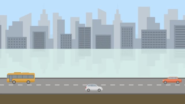 City day. Flat cartoon panoramic loop animation background 4K