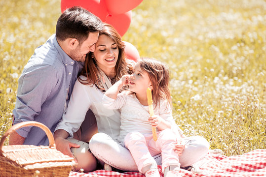 Happy family having fun outdoors on picnic