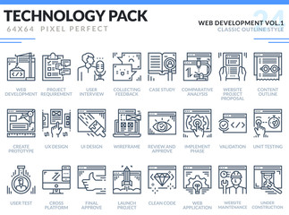 Web Development Icons Set. Technology outline icons pack. Pixel perfect thin line vector icons for web design and website application.