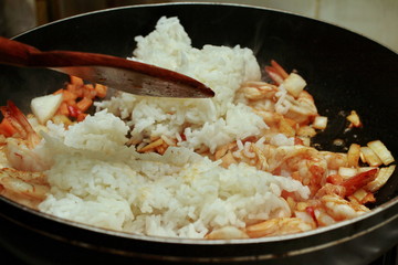 Homemade cooking,Fried Jasmine rice with prawns in yellow powder