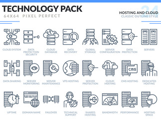 Hosting and Cloud Icons Set. Technology outline icons pack. Pixel perfect thin line vector icons for web design and website application.