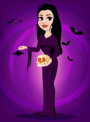 Halloween. Beautiful lady witch in gothic style wearing black long dress.