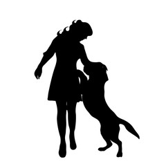 Vector silhouette of woman with dog in white background.