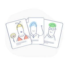 Flat line illustration hr concept of business hiring and recruiting. Selection of an employee from several resumes. Cute cv with cartoon faces. Isolated vector.