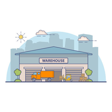 recommend clip art: Building of a warehouse with truck on delivery and the fork loader in flat linear style a vector.Loading of boxes in the transportation vehicle and unloading of freights. storage of industrial goods.