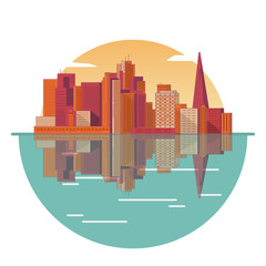 Urban city landscape the downtown with skyscrapers.Buildings at water against the background of sunrise.Concept of design of a banner of urban development in flat style a vector