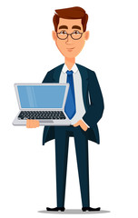 Business man in formal suit holding powerful laptop, cartoon character.