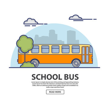 School retro bus. In linear flat style a vector. The vehicle for transportation of children, against the background of a city silhouette.
