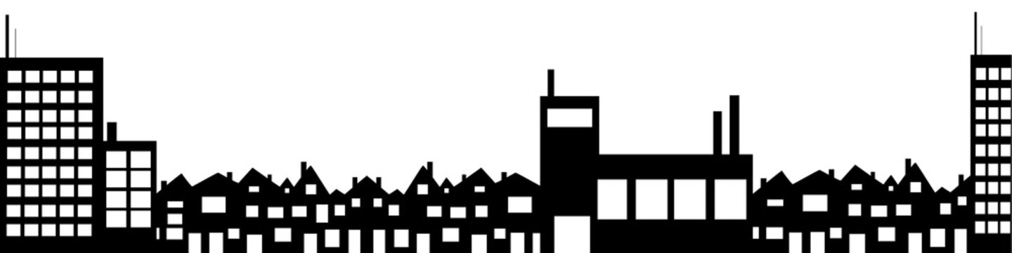 Vector silhouette of city on white background.