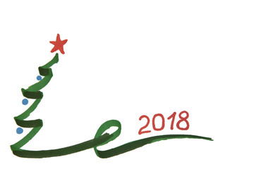New Year's Christmas tree with balls and numbers 2018 painted with watercolor markers on a white background