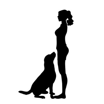 Vector silhouette of woman with dog in white background.