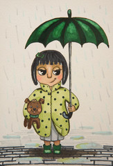 A girl with big eyes with a dog in her hands and a green umbrella in the rain