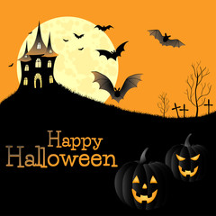 Halloween background. Vector festive illustration. The house is on the background of the full moon. Pumpkin. Night. Cemetery. Bat. Fear.