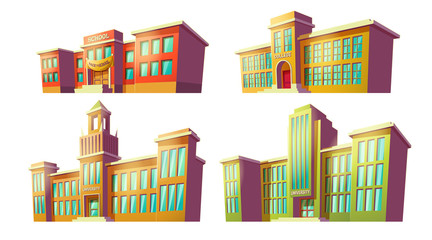 Set of vector cartoon illustrations of various color old, retro educational institutions, schools isolated on white background. Template, design element, print.