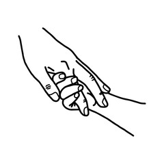 close-up hand of a child and mother holding with love vector illustration sketch hand drawn with black lines, isolated on white background