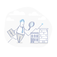 Investor illustration concept. Cute cartoon Businessman looking for investment opportunity among city's real estate. Flat line clean vector, UX/UI element for web design.