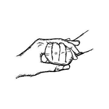 hands of mother and child holding together vector illustration sketch hand drawn with black lines, isolated on white background