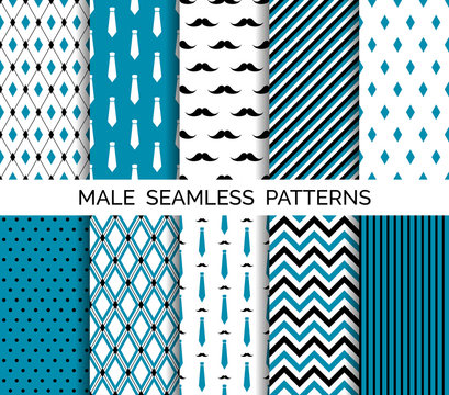 Set of vector seamless male blue patterns
